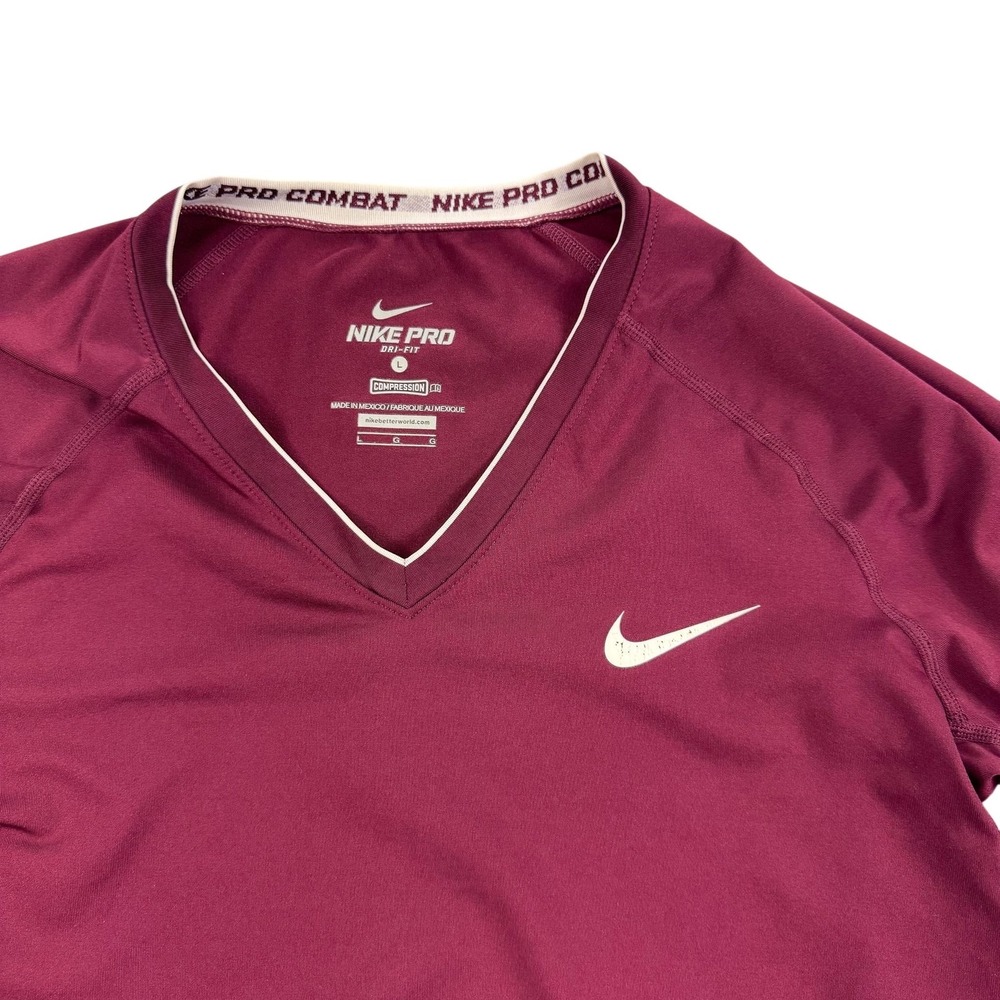Nike‎ Pro Combat Dri-FIT Shirt Womens Large Red Long Sleeve V-Neck Compression